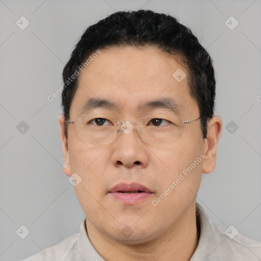 Neutral asian adult male with short  brown hair and brown eyes