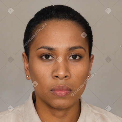 Neutral black young-adult female with short  black hair and brown eyes