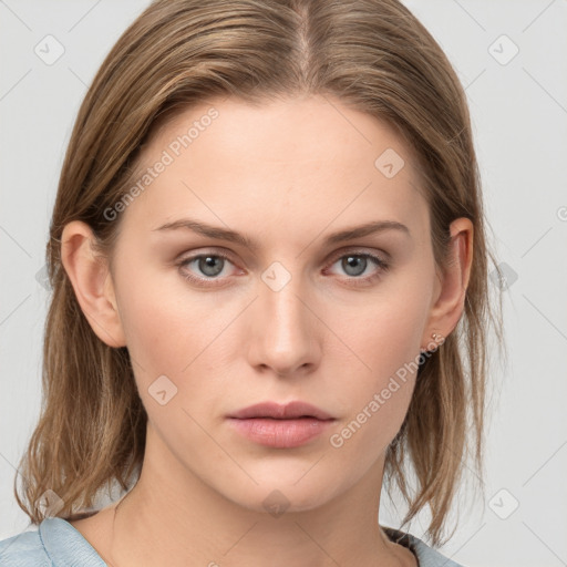 Neutral white young-adult female with medium  brown hair and grey eyes