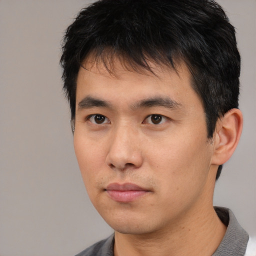 Neutral asian young-adult male with short  black hair and brown eyes