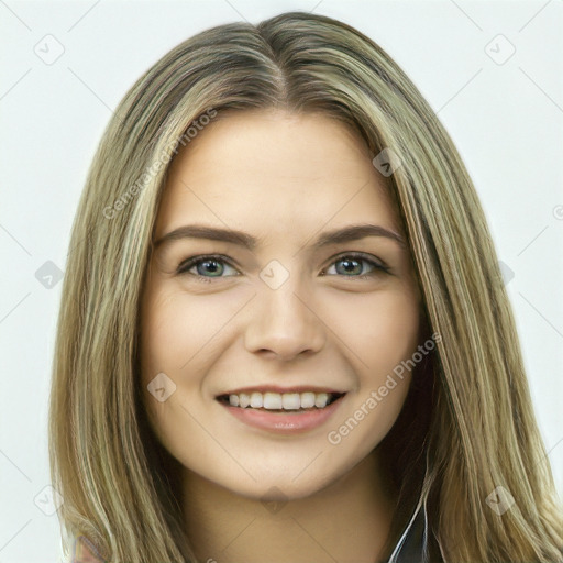 Joyful white young-adult female with long  brown hair and green eyes