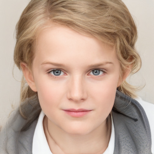 Neutral white child female with medium  brown hair and blue eyes