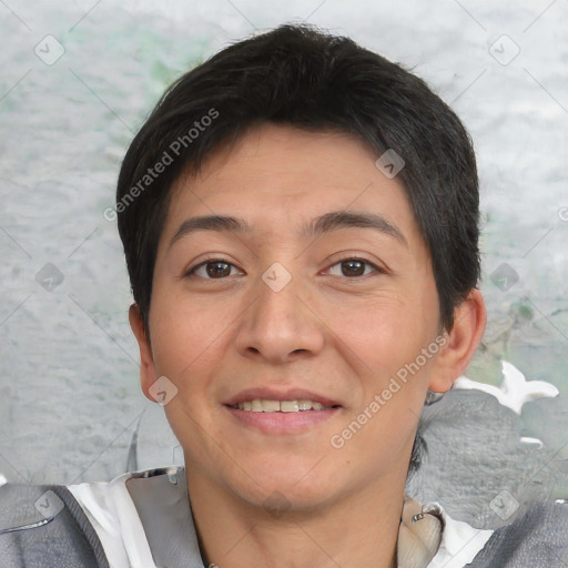 Joyful white adult female with short  brown hair and brown eyes