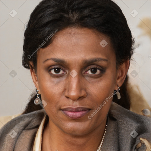 Joyful black adult female with short  brown hair and brown eyes