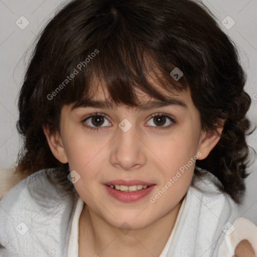 Joyful white child female with medium  brown hair and brown eyes