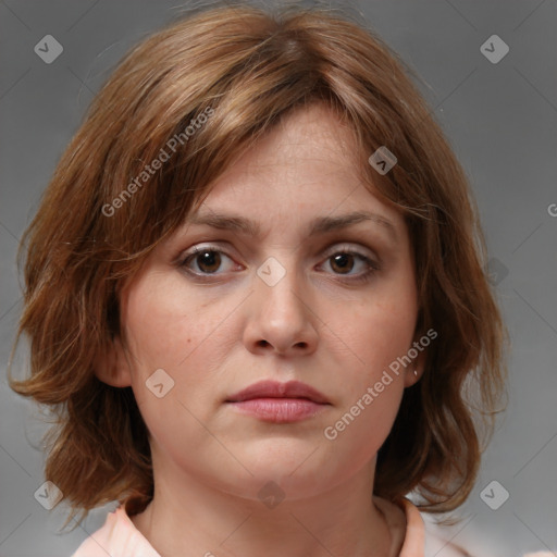 Neutral white young-adult female with medium  brown hair and brown eyes