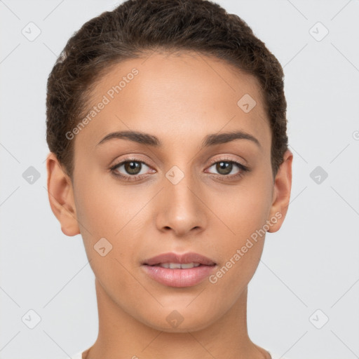 Joyful white young-adult female with short  brown hair and brown eyes