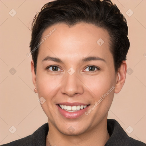 Joyful white young-adult female with short  brown hair and brown eyes