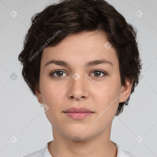 Neutral white young-adult female with short  brown hair and brown eyes