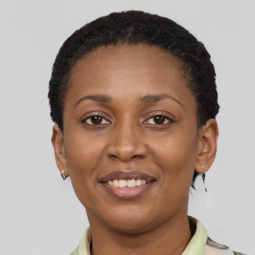 Joyful black young-adult female with short  brown hair and brown eyes
