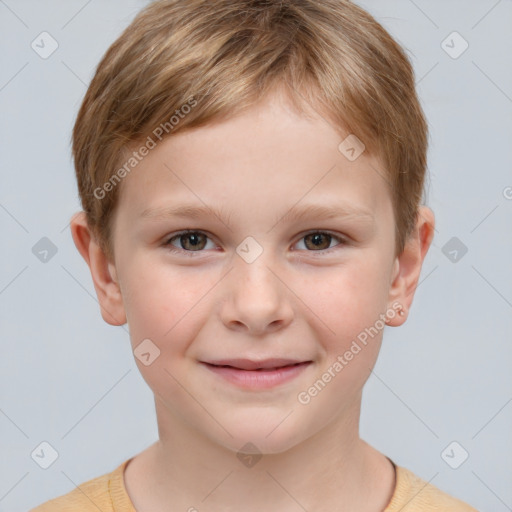 Joyful white child male with short  brown hair and grey eyes