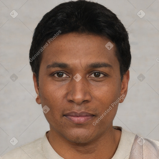 Neutral latino young-adult male with short  black hair and brown eyes