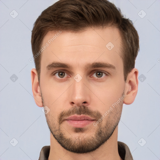 Neutral white young-adult male with short  brown hair and brown eyes