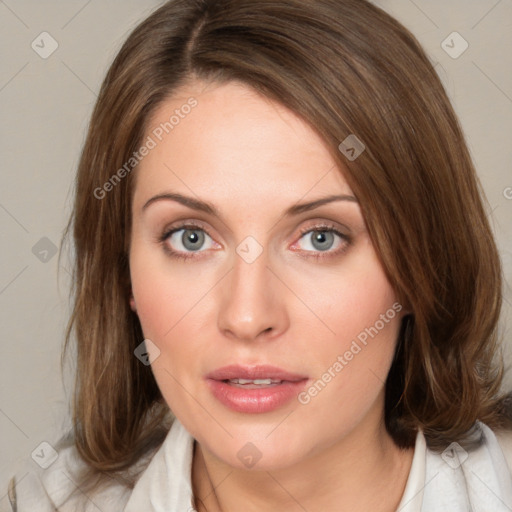 Neutral white young-adult female with medium  brown hair and blue eyes