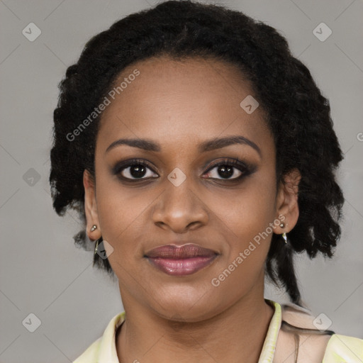 Joyful black young-adult female with medium  black hair and brown eyes