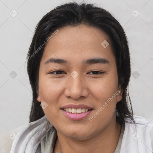 Joyful asian young-adult female with medium  brown hair and brown eyes