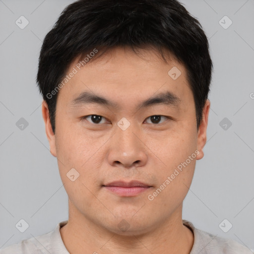 Neutral asian young-adult male with short  black hair and brown eyes