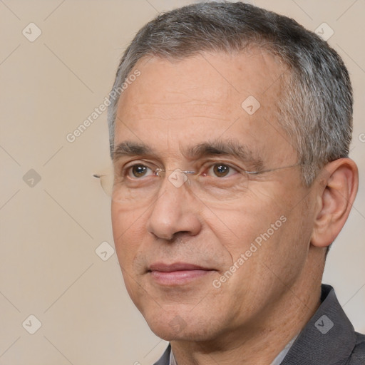 Neutral white middle-aged male with short  gray hair and brown eyes