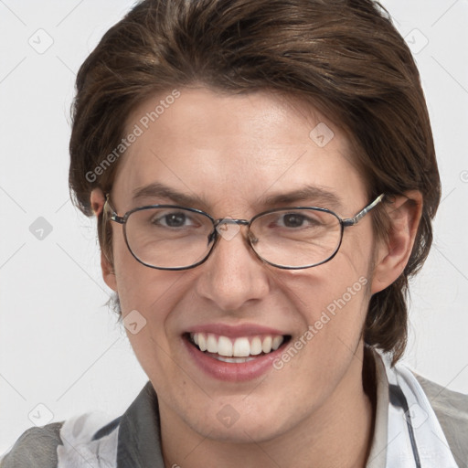 Joyful white adult female with medium  brown hair and grey eyes