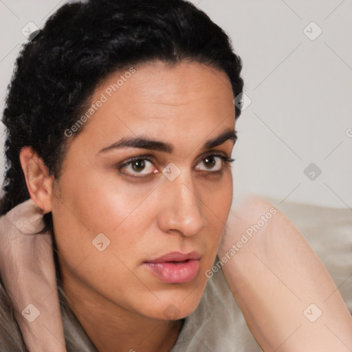 Neutral white young-adult female with short  brown hair and brown eyes