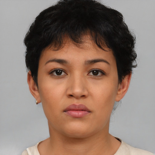 Neutral asian young-adult female with short  brown hair and brown eyes