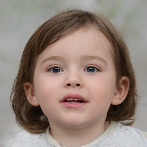 Neutral white child female with medium  brown hair and blue eyes