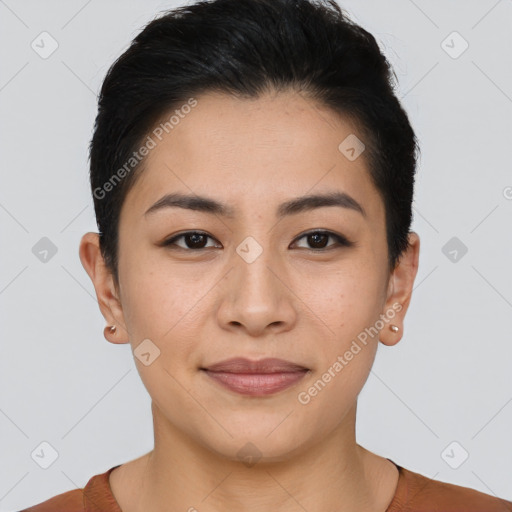 Joyful asian young-adult female with short  brown hair and brown eyes