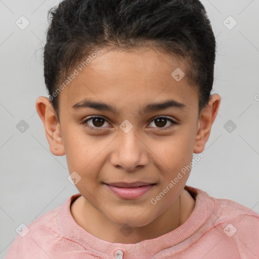 Joyful white child male with short  brown hair and brown eyes