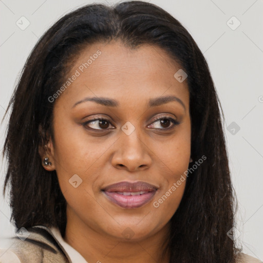 Joyful latino young-adult female with long  brown hair and brown eyes