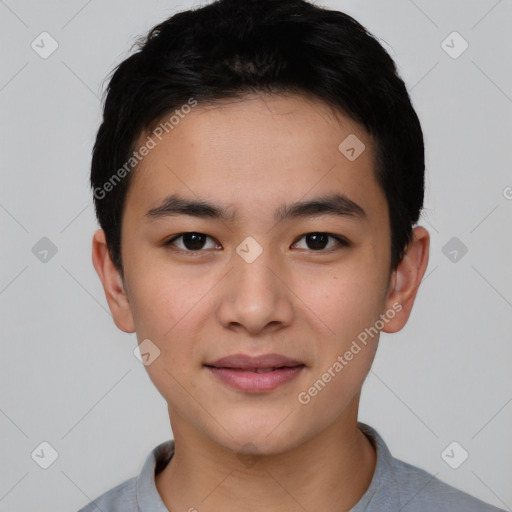 Joyful asian young-adult male with short  black hair and brown eyes