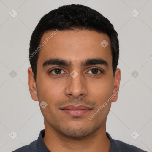 Neutral latino young-adult male with short  black hair and brown eyes