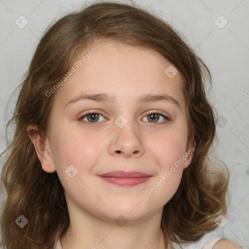 Joyful white child female with medium  brown hair and brown eyes