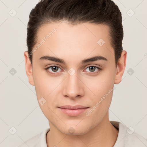 Joyful white young-adult female with short  brown hair and brown eyes