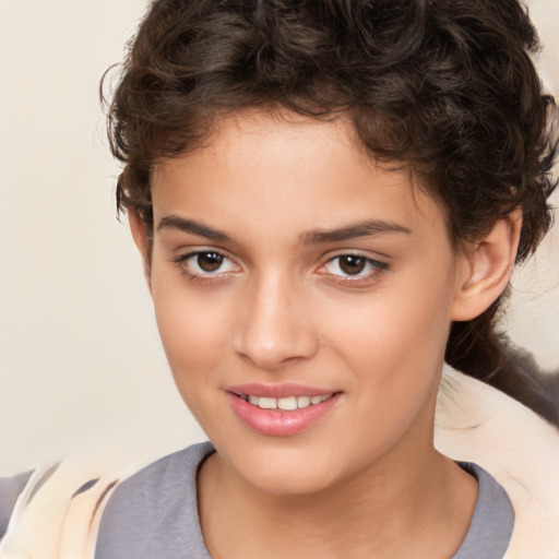 Joyful white child female with medium  brown hair and brown eyes