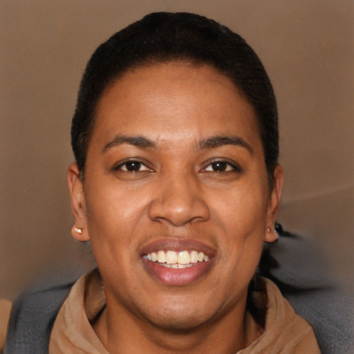Joyful black young-adult female with short  brown hair and brown eyes