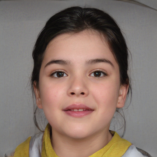 Joyful white child female with medium  brown hair and brown eyes