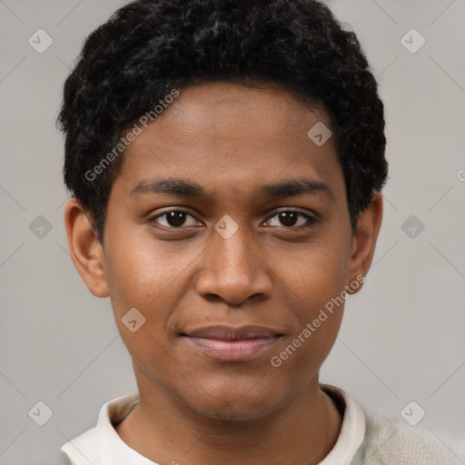 Joyful black young-adult male with short  brown hair and brown eyes