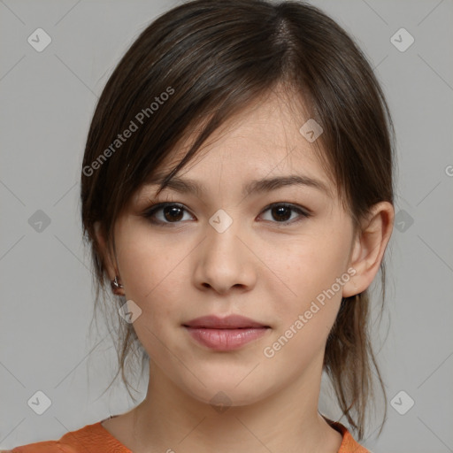 Neutral white young-adult female with medium  brown hair and brown eyes