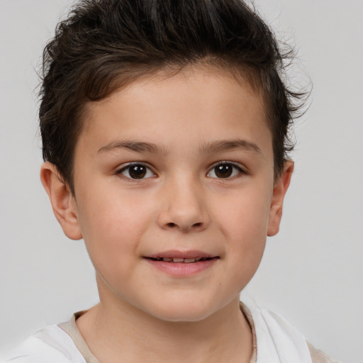 Joyful white child female with short  brown hair and brown eyes