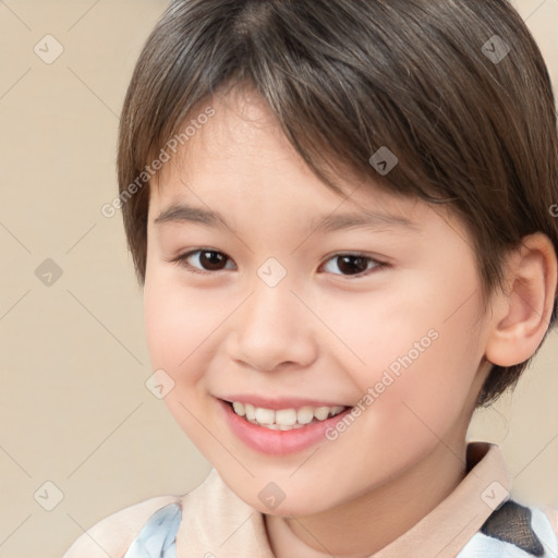 Joyful white child female with medium  brown hair and brown eyes