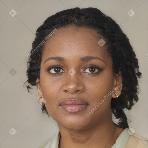 Joyful black young-adult female with medium  black hair and brown eyes