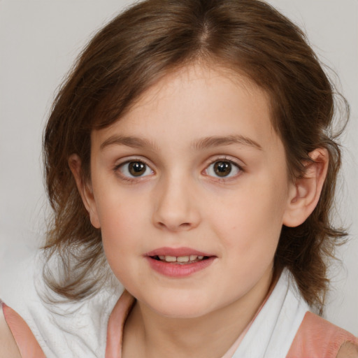 Joyful white child female with medium  brown hair and brown eyes