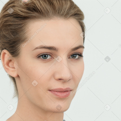 Neutral white young-adult female with short  brown hair and brown eyes