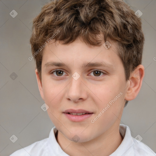 Joyful white child male with short  brown hair and brown eyes