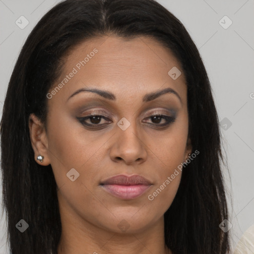 Joyful latino young-adult female with long  brown hair and brown eyes