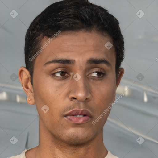 Neutral latino young-adult male with short  brown hair and brown eyes