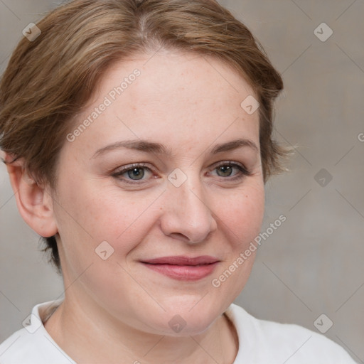 Joyful white adult female with medium  brown hair and grey eyes