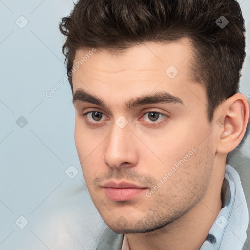 Neutral white young-adult male with short  brown hair and brown eyes