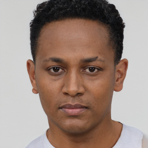 Neutral black young-adult male with short  black hair and brown eyes