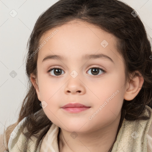 Joyful white child female with medium  brown hair and brown eyes